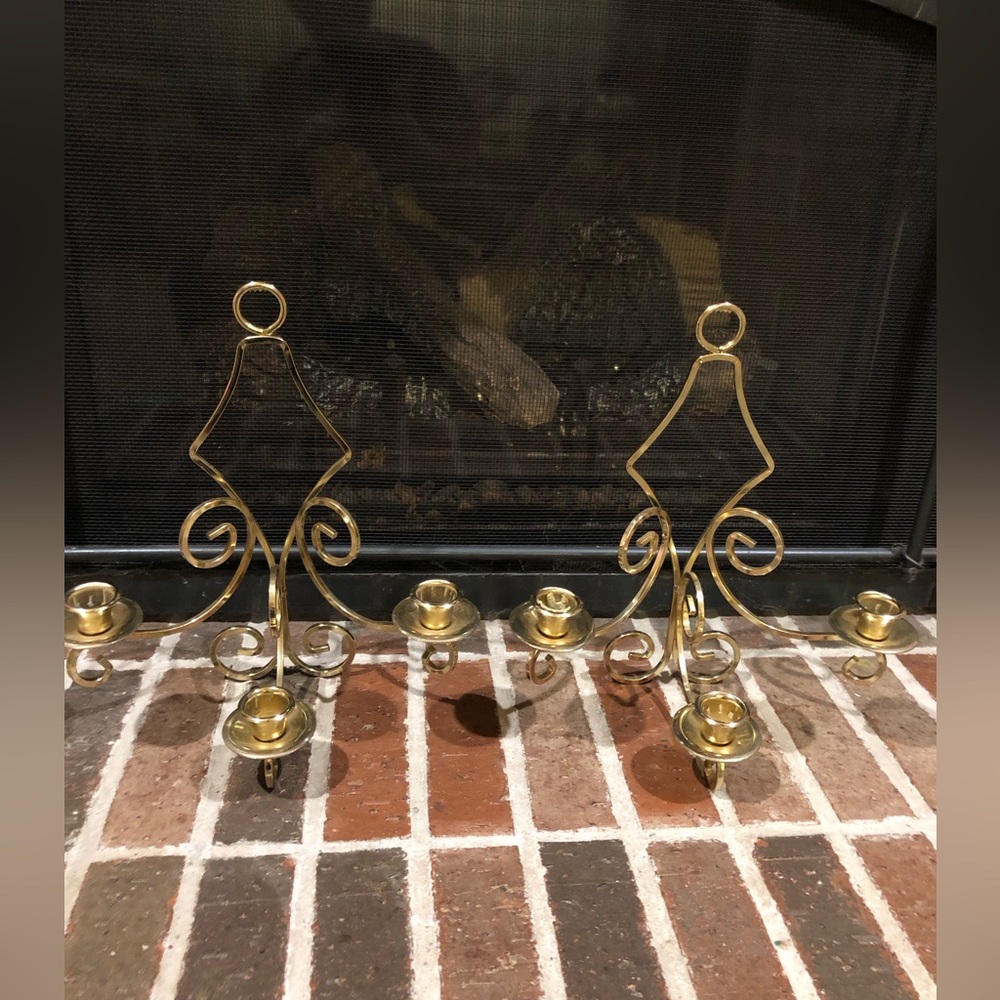 pair of Vintage gold metal sconces candlestick holders 12.5” tall 11.5” wide eac